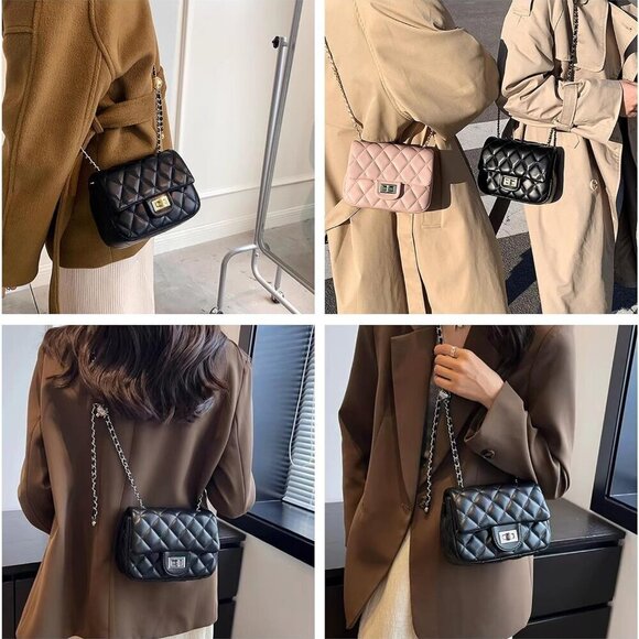 Women's Faux Leather Crossbody Bag with Chain Detail Compact Stylish - Picture 6 of 6